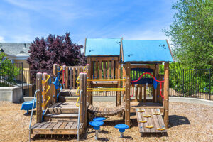 Rustic Playground, soft ground from wood chips, overlooking trees, photo taken on a sunny day